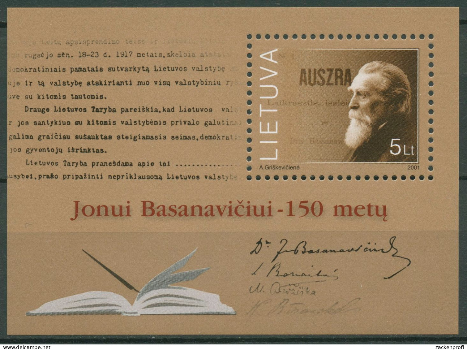 Litauen 2001 Persönlichkeiten Jonas Basanavicius Block 24 Postfrisch (C60472) - Litouwen