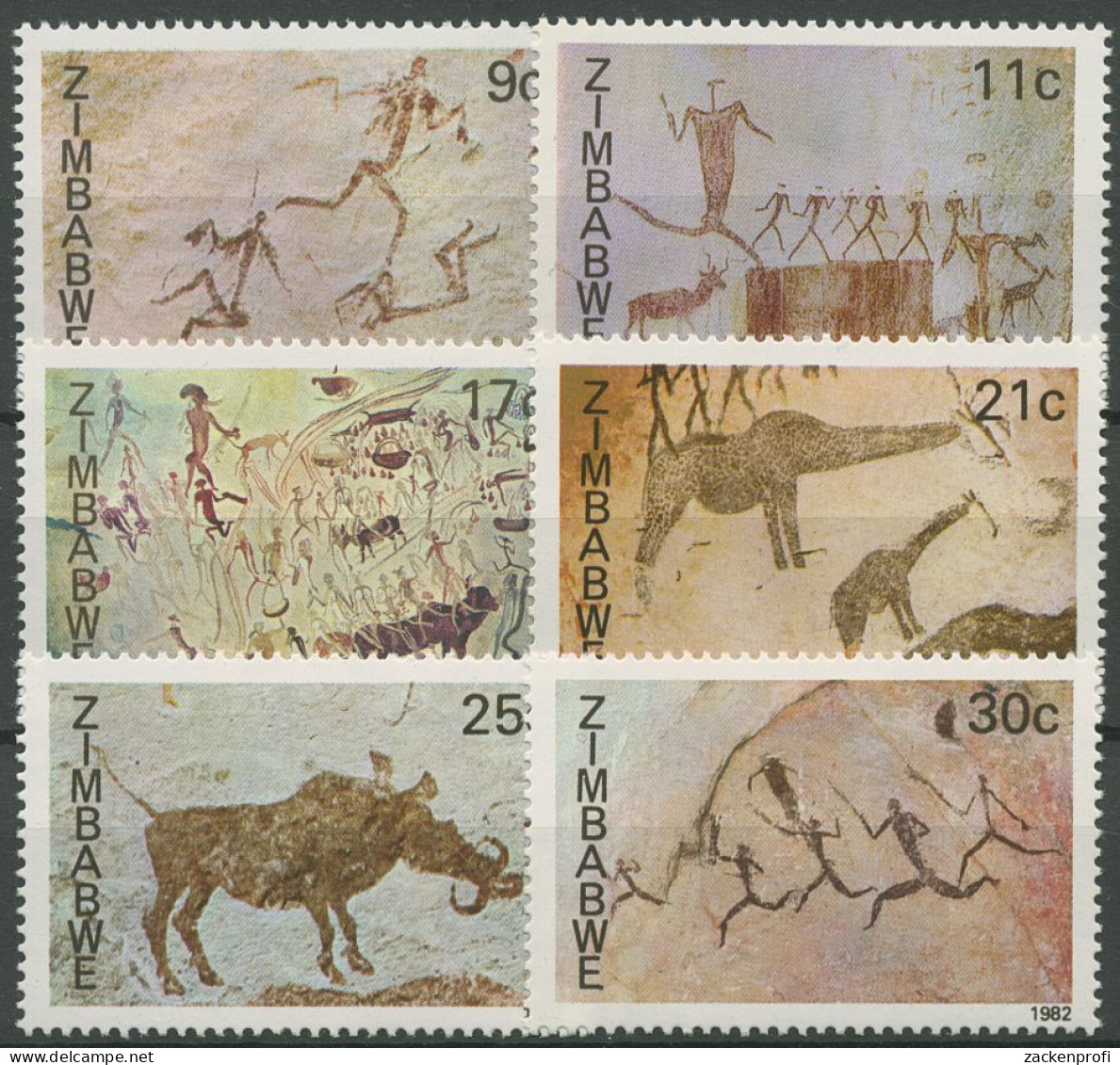 Simbabwe 1982 Felsmalereien Jäger Giraffen Warzenschwein 259/64 Postfrisch - Zimbabwe (1980-...)