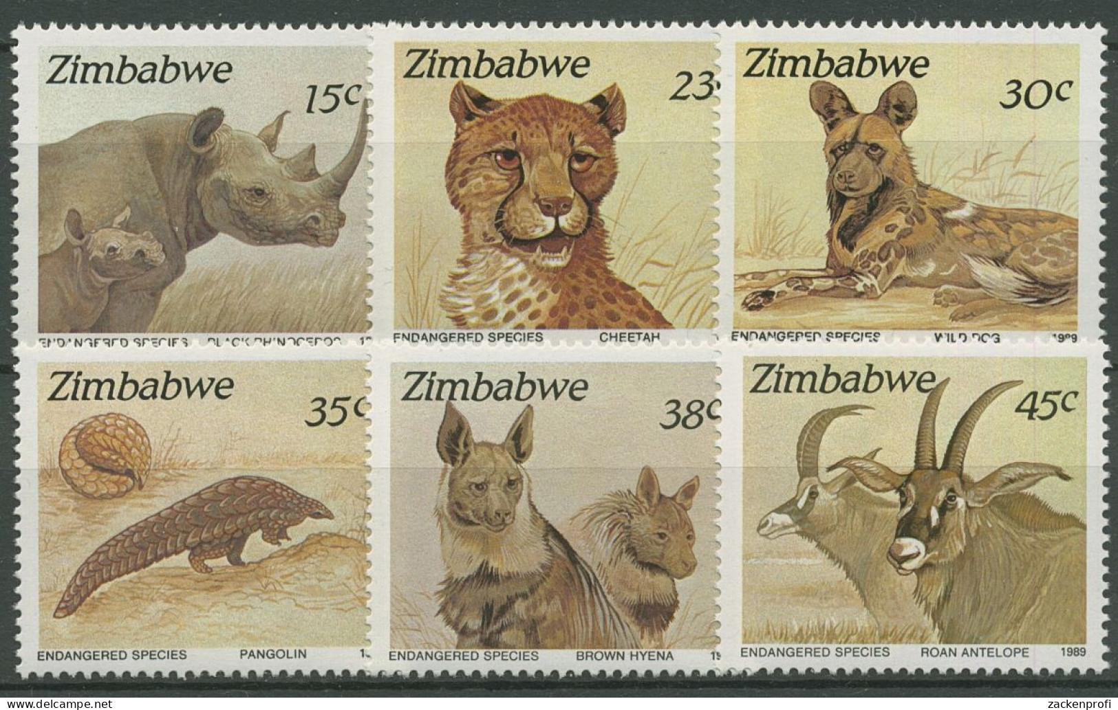 Simbabwe 1989 Säugetiere Gepard Nashorn Pferdeantilope 412/17 Postfrisch - Zimbabwe (1980-...)