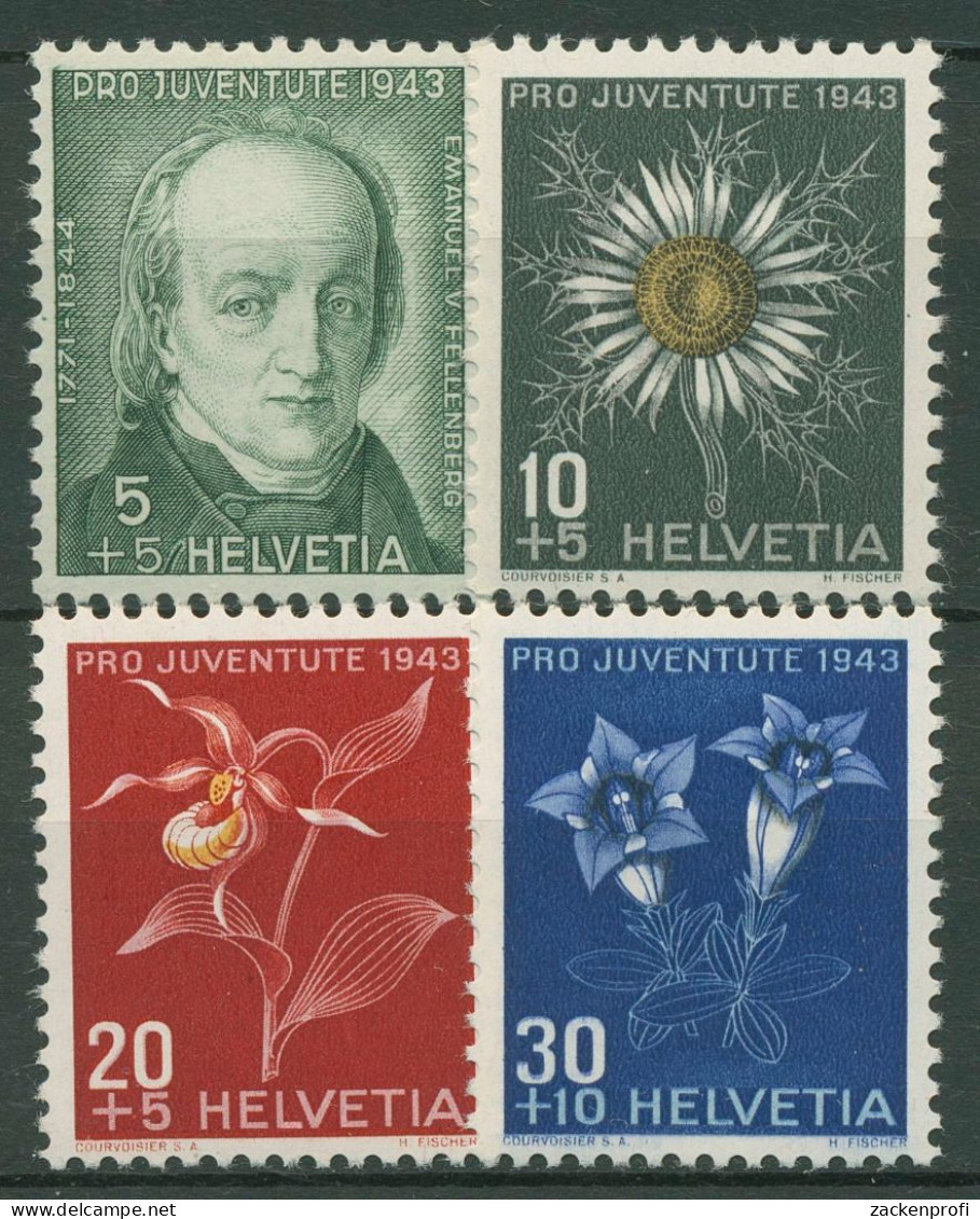 Schweiz 1943 Pro Juventute Alpenblumen (I) P. E. V. Fellenberg 424/27 Postfrisch - Neufs
