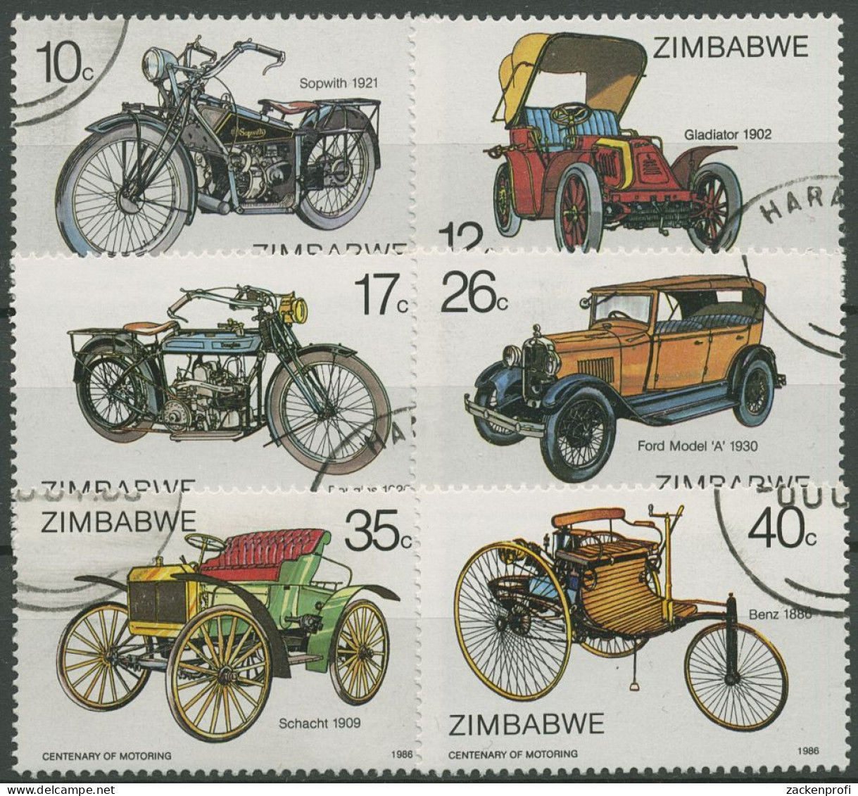 Simbabwe 1986 100 Jahre Motorisierung Autos Ford Benz 350/55 Gestempelt - Zimbabwe (1980-...)