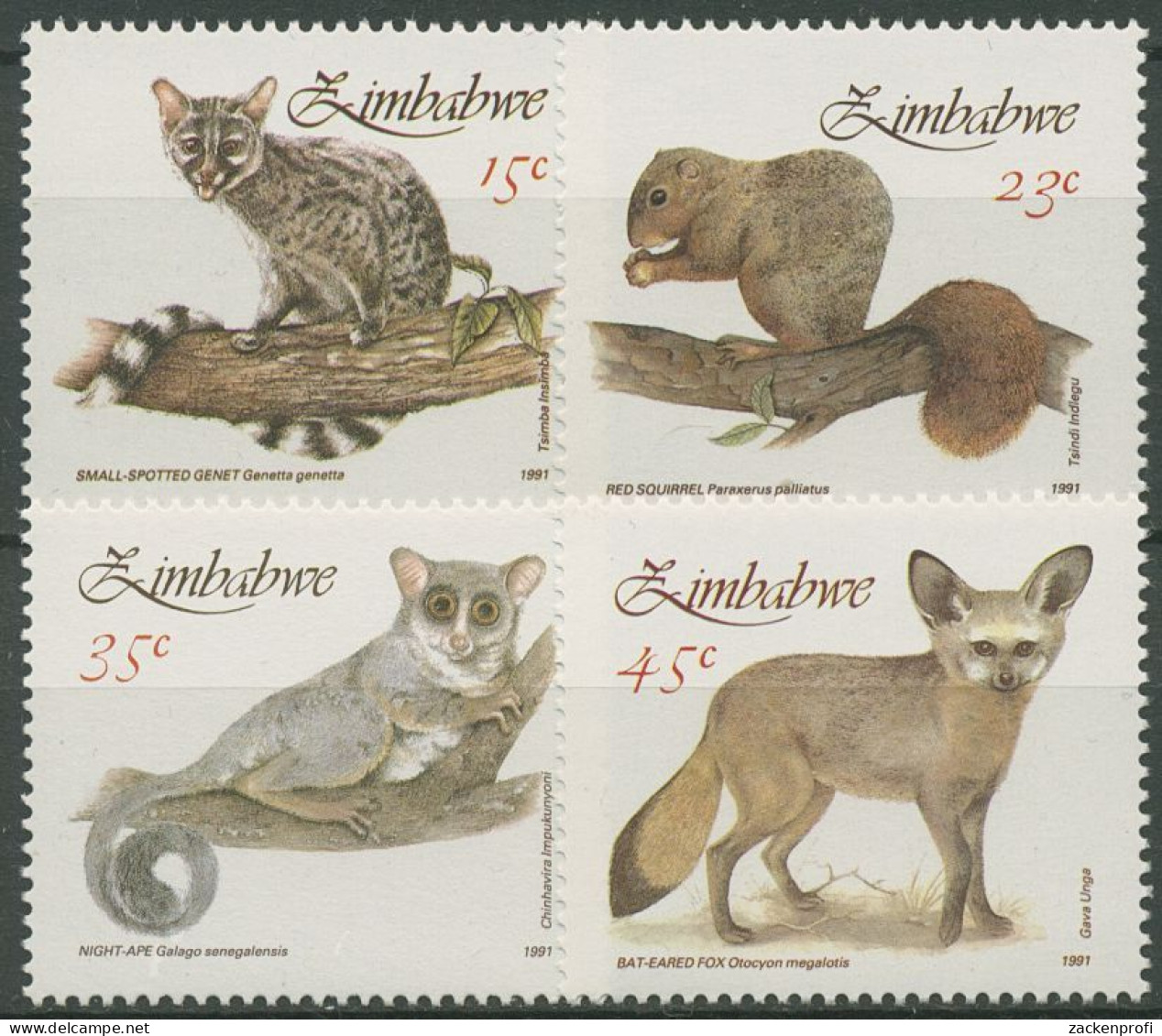 Simbabwe 1991 Wildtiere Eichhörnchen Löffelhund Ginsterkatze 450/53 Postfrisch - Zimbabwe (1980-...)