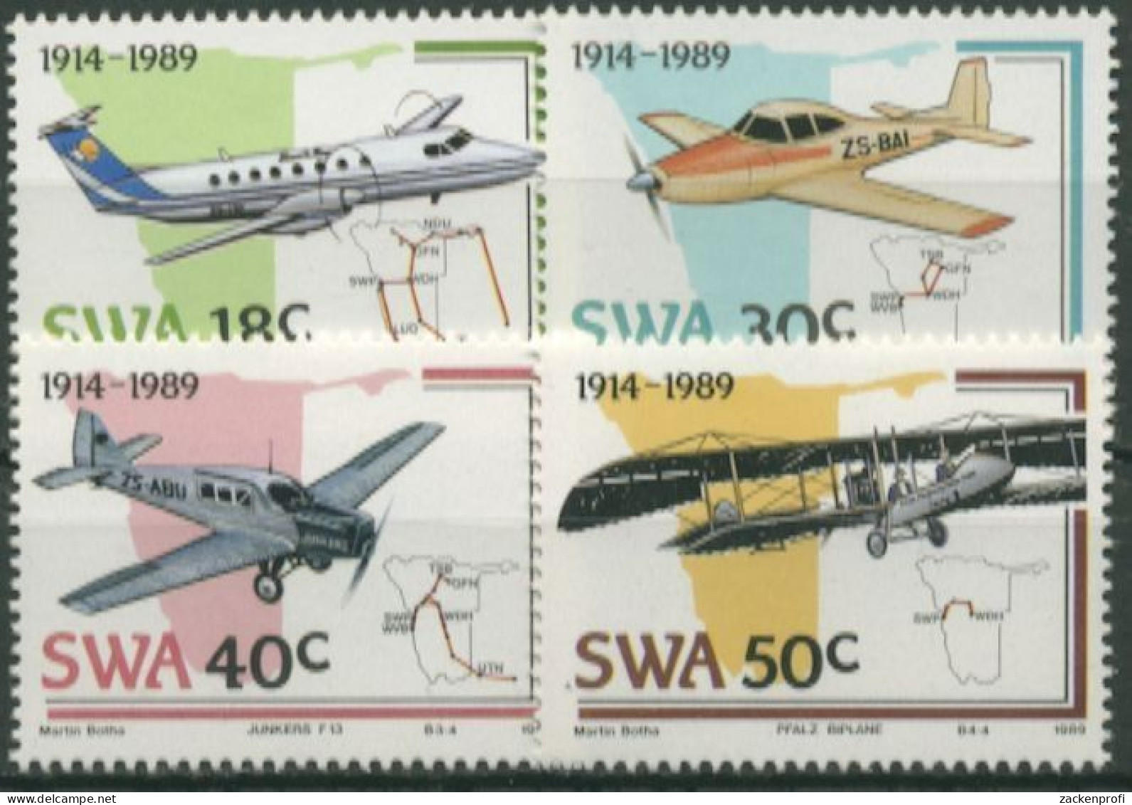 Südwestafrika 1989 75 Jahre Flugdienst Flugzeuge 637/40 Postfrisch - Südwestafrika (1923-1990)