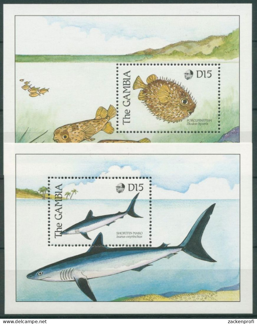 Gambia 1989 Fische Kugelfisch Hai Mako Block 76/77 Postfrisch (C23787) - Gambia (1965-...)