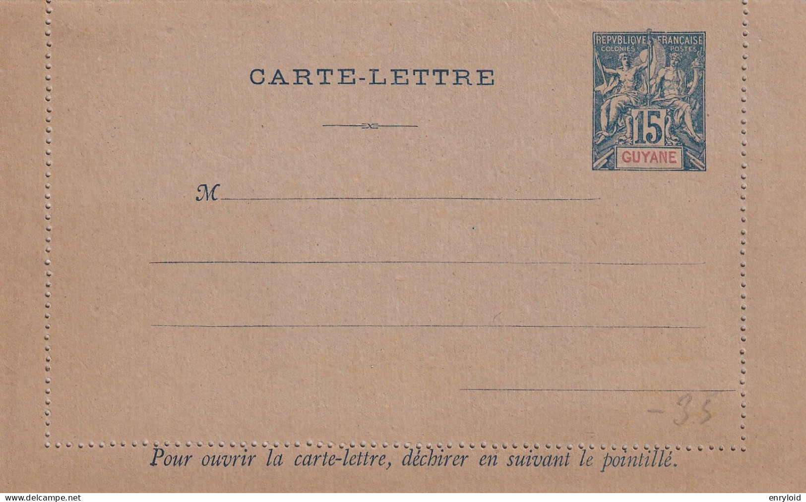 Guyane Colonies Francaise Entier Postes 15 C. Carte - Lettre - Brieven En Documenten
