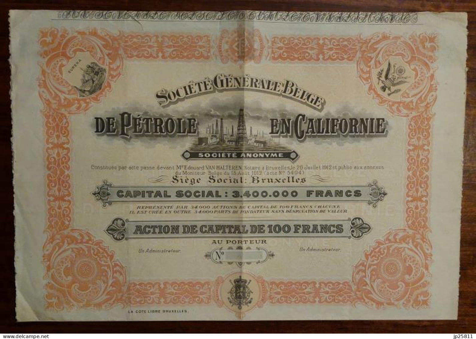 USA - Belgium - Soc. Gen. Belge De Pétrole En Californie Action 100 Francs 1912 Bruxelles - Autres & Non Classés