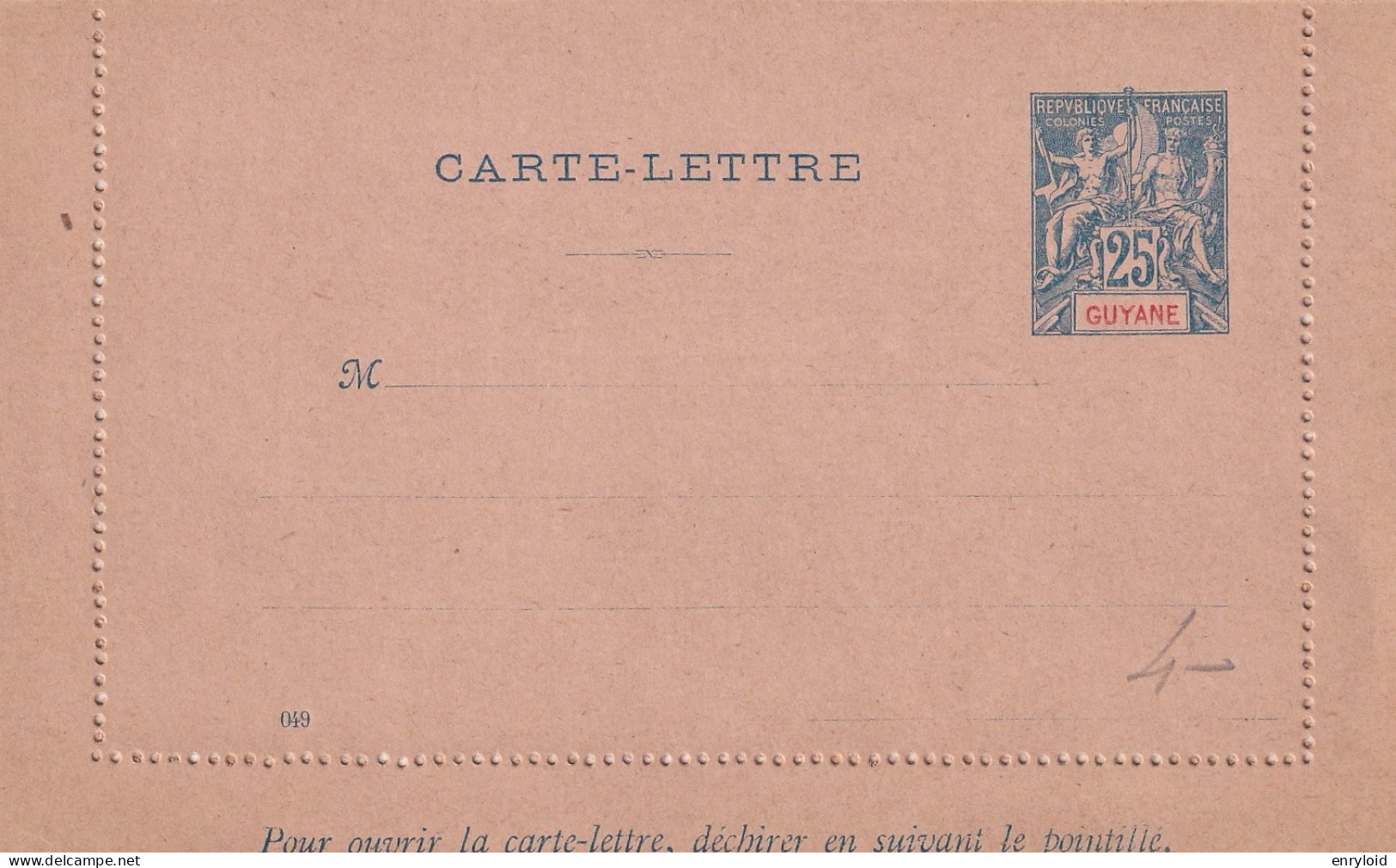 Guyane Colonies Francaise Entier Postes 25 C. Carte - Lettre - Brieven En Documenten