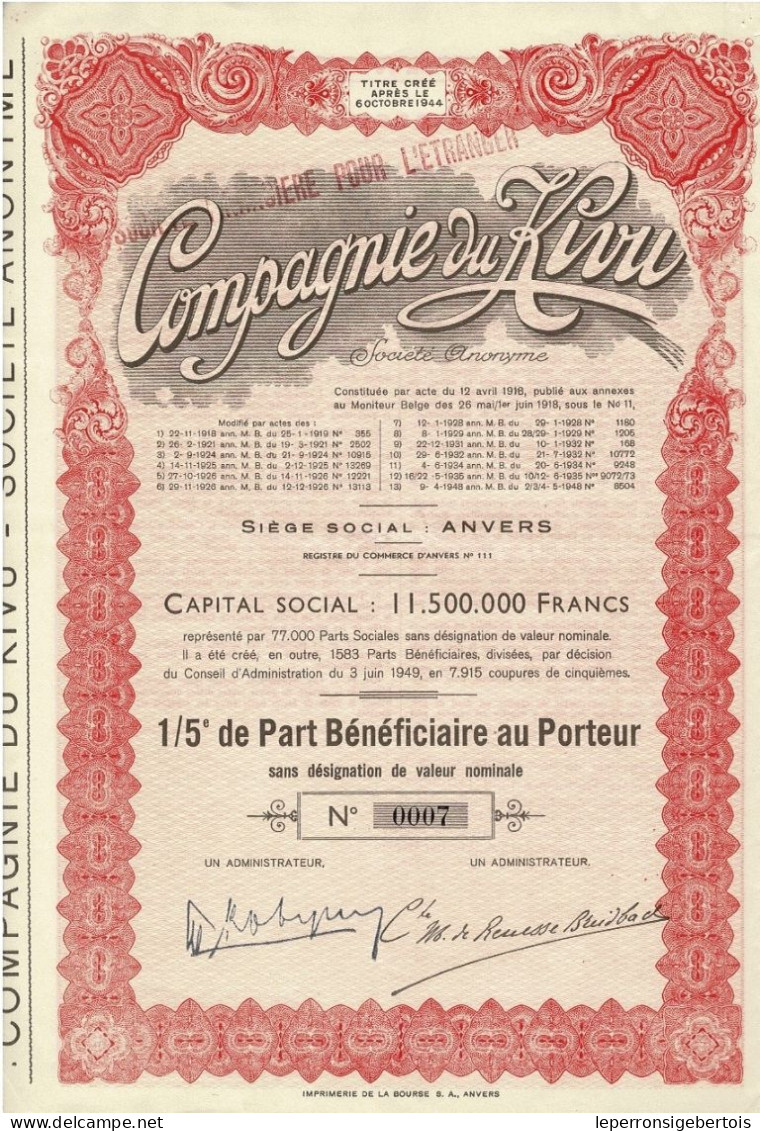 - Titre De 1949 - Compagnie Du Kivu - Société Anonyme - N° 0007 -VF - Africa
