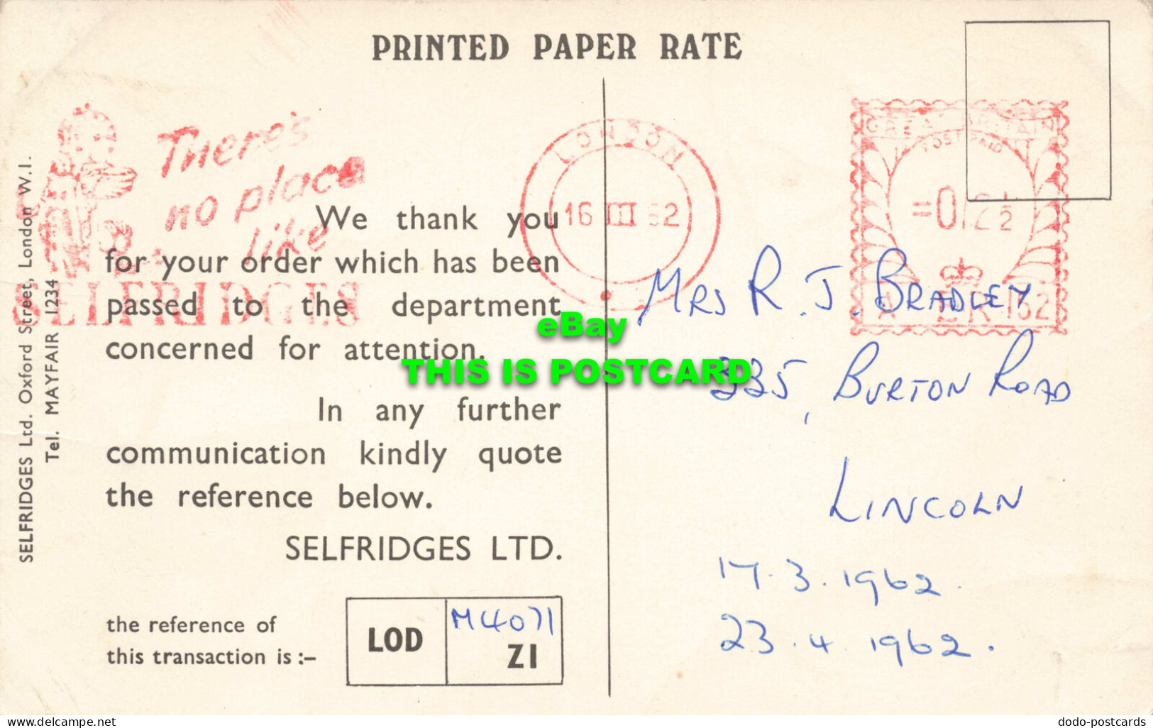 R573952 V 3125. Selfridges Store. London. Printed Paper Rate. Selfridges - Other & Unclassified