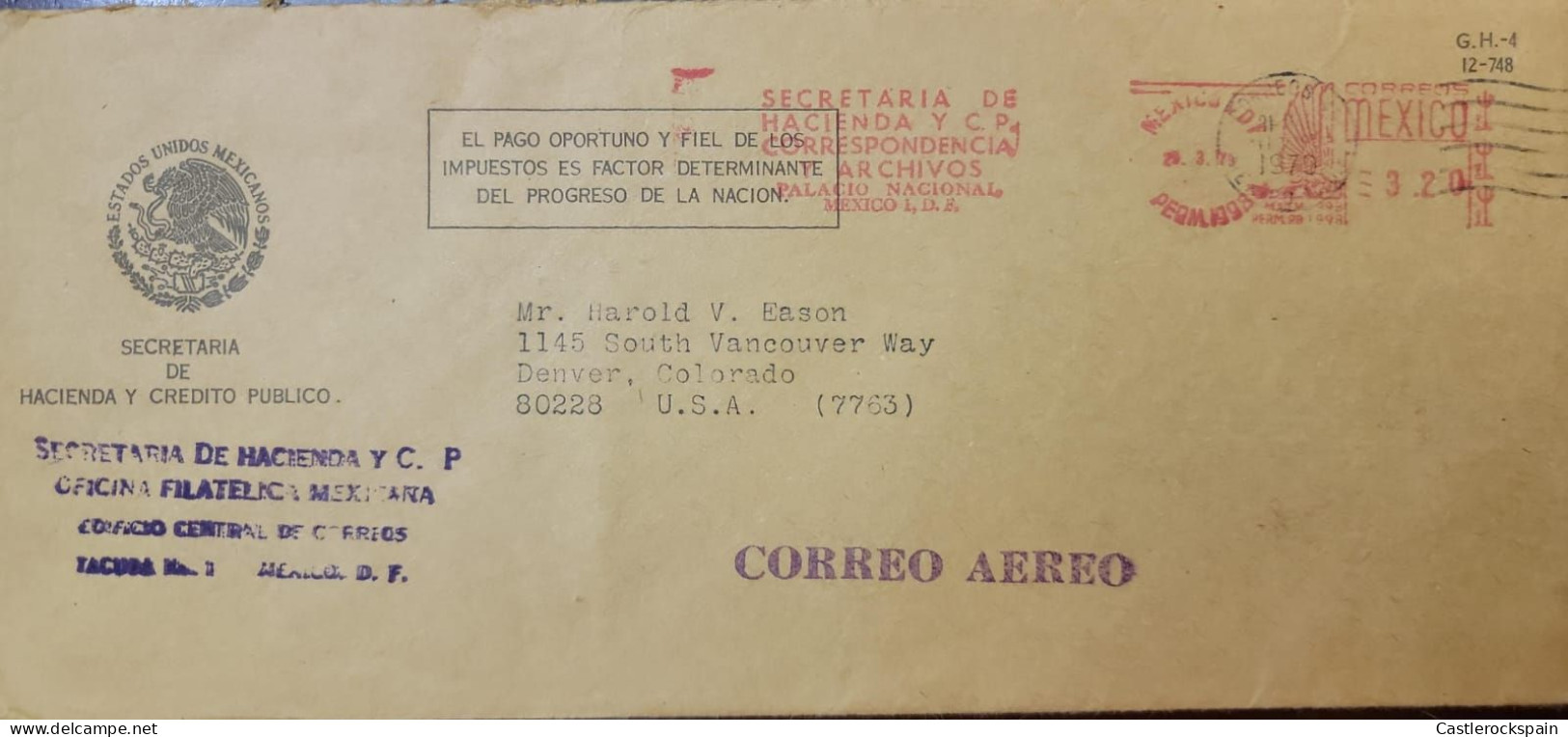 O) 1979 MEXICO, METERSTAMP, SECRETARIA DE HACIENDA Y C.P - ESTADOS UNIDOS MEXICANOS, CIRCULATED TO USA - México