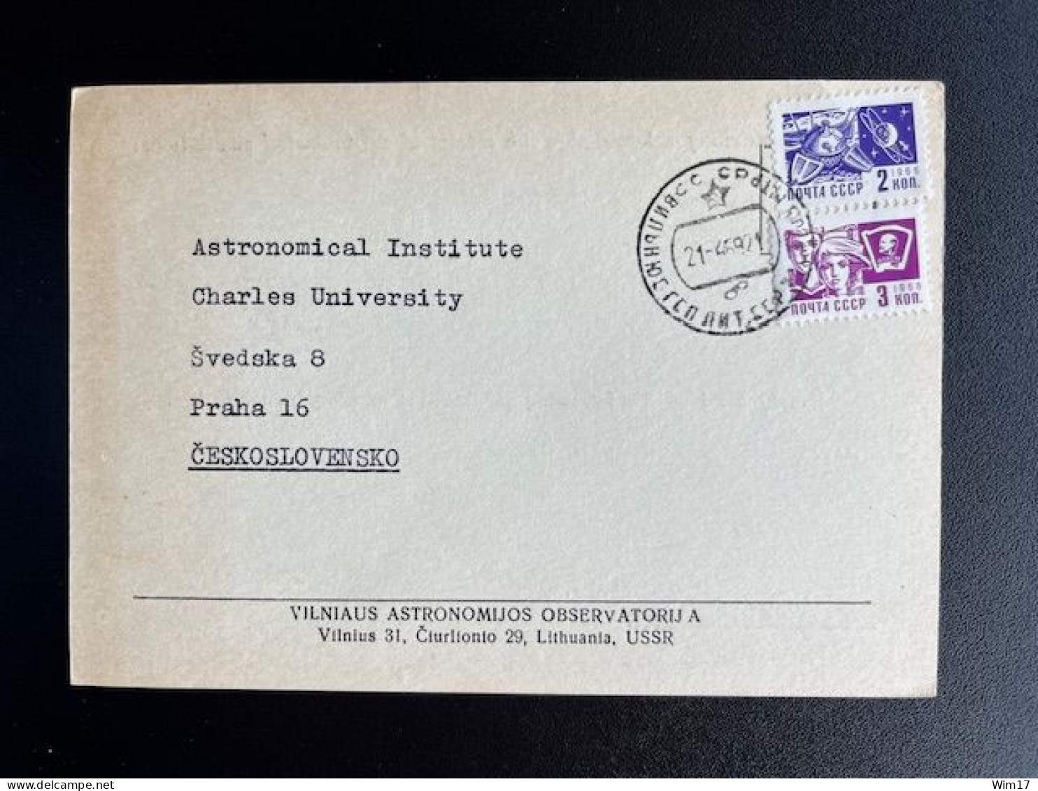 RUSSIA USSR 1969 POSTCARD VILNIUS TO PRAGUE PRAHA 21-04-1969 SOVJET UNIE CCCP SOVIET UNION ASTRONOMY - Storia Postale