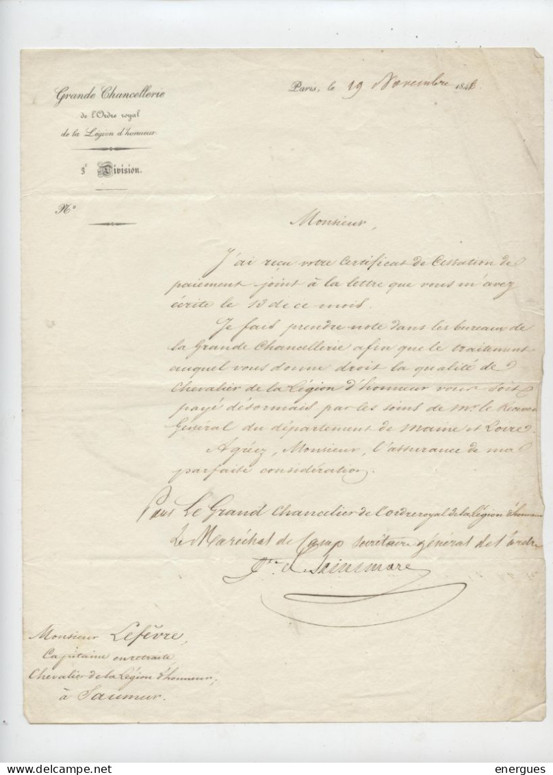 Autographe, 1846,Vicomte De Sainemare,,secrétaire Ordre Royal Légion D'honneur,Lefèvve, Capitaine à Saumur;Chancellerie - Historical Figures