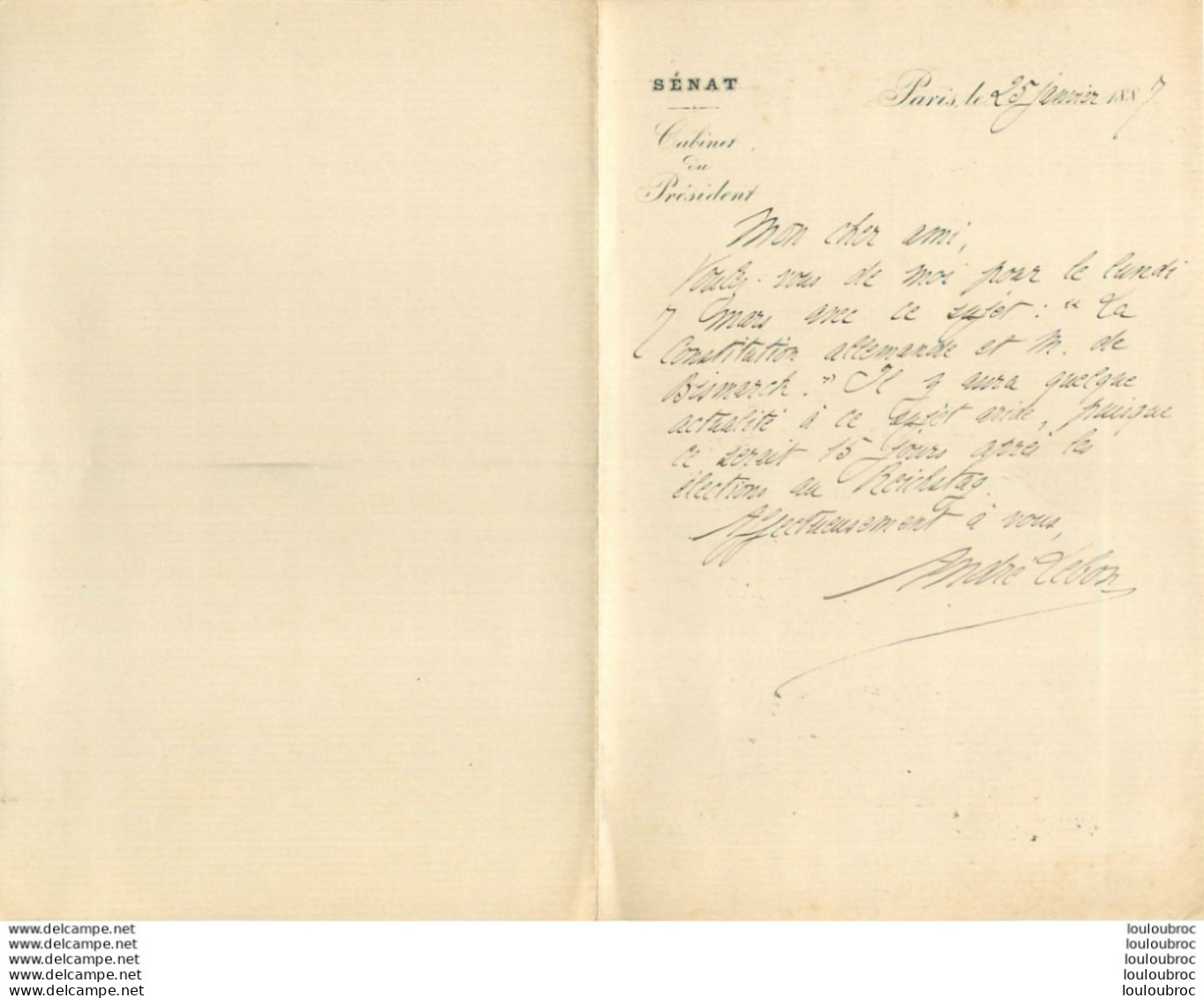 ECRIT DE 1887 DE ANDRE LEBON SENAT HOMME POLITIQUE FRANCAIS PROPOSANT UNE ALLOCUTION SUR LA CONSTITUTION ALLEMANDE - Historische Documenten