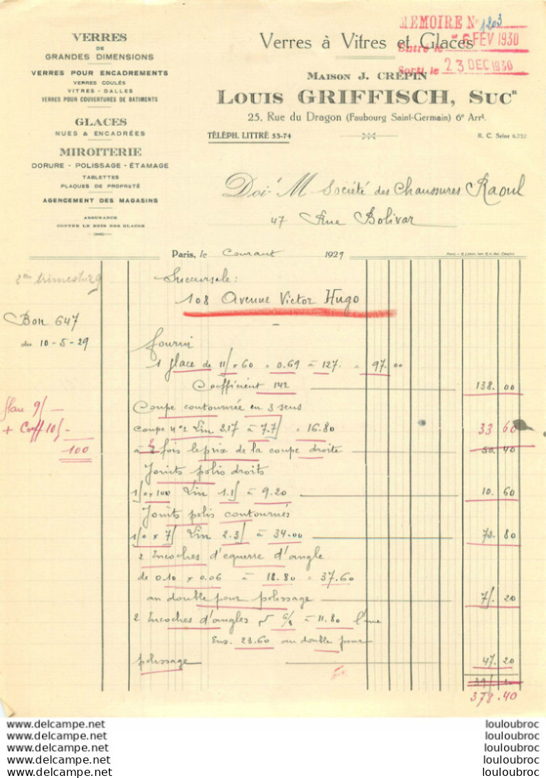 MAISON LOUIS GRIFFISCH VERRES A VITRES ET GLACES   25 RUE DU DRAGON PARIS 1930 - 1900 – 1949