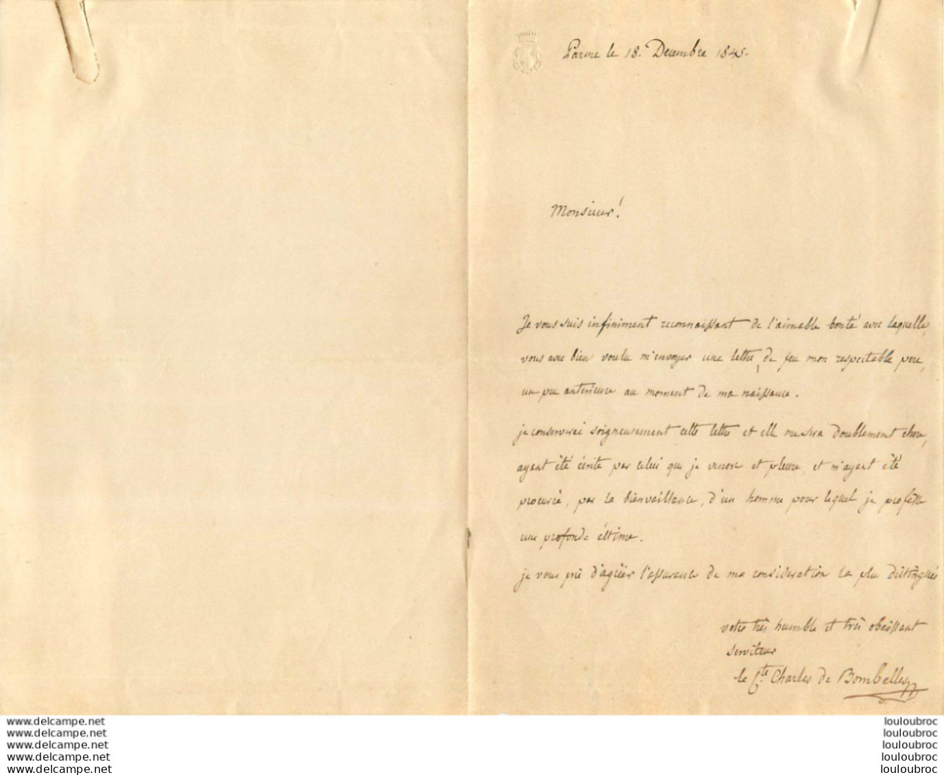 RARE 1845 ECRIT DE CHARLES RENE DE BOMBELLES 3èm MARI DE MARIE LOUISE D'AUTRICHE EX EPOUSE DE NAPOLEON 1er - Historische Dokumente