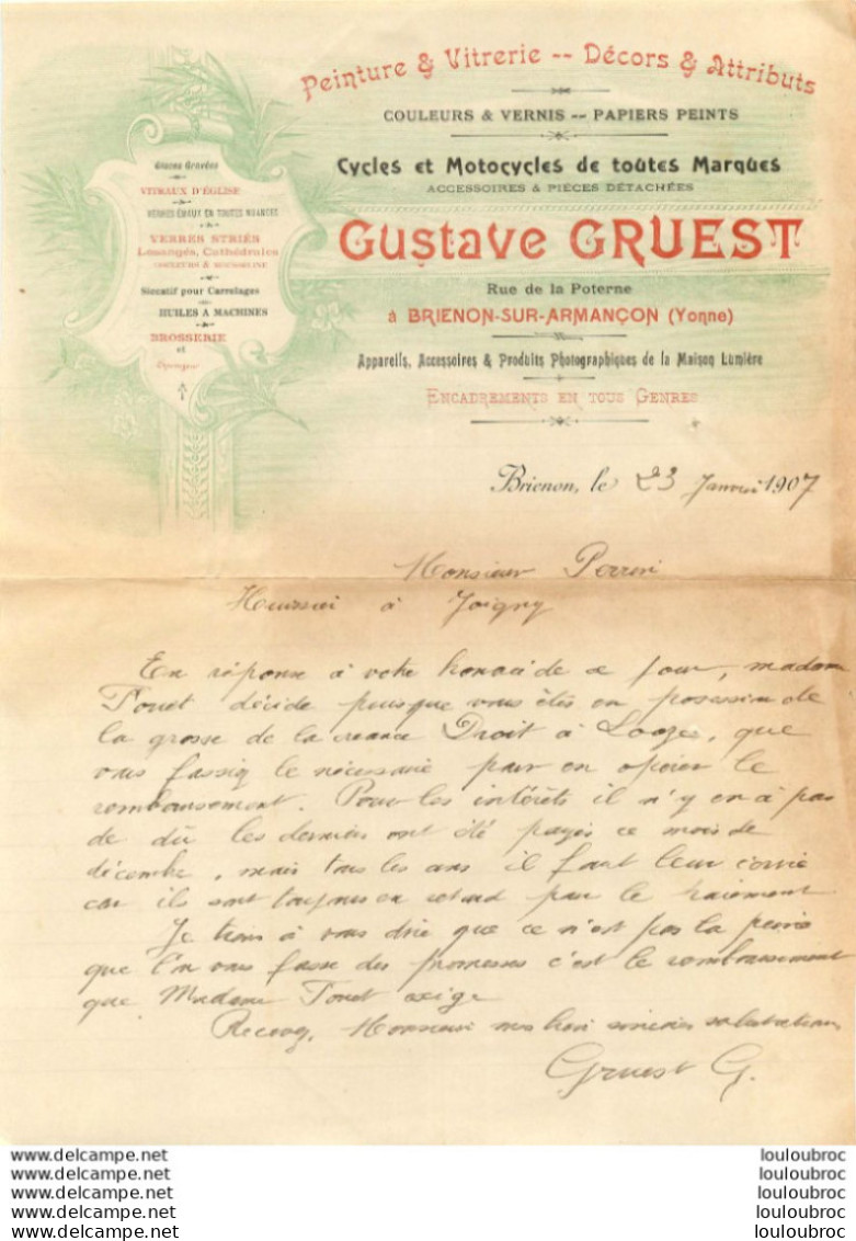 BRIENON  SUR ARMANCON 1907 GUSTAVE GRUEST PEINTURE VITRERIE - 1900 – 1949