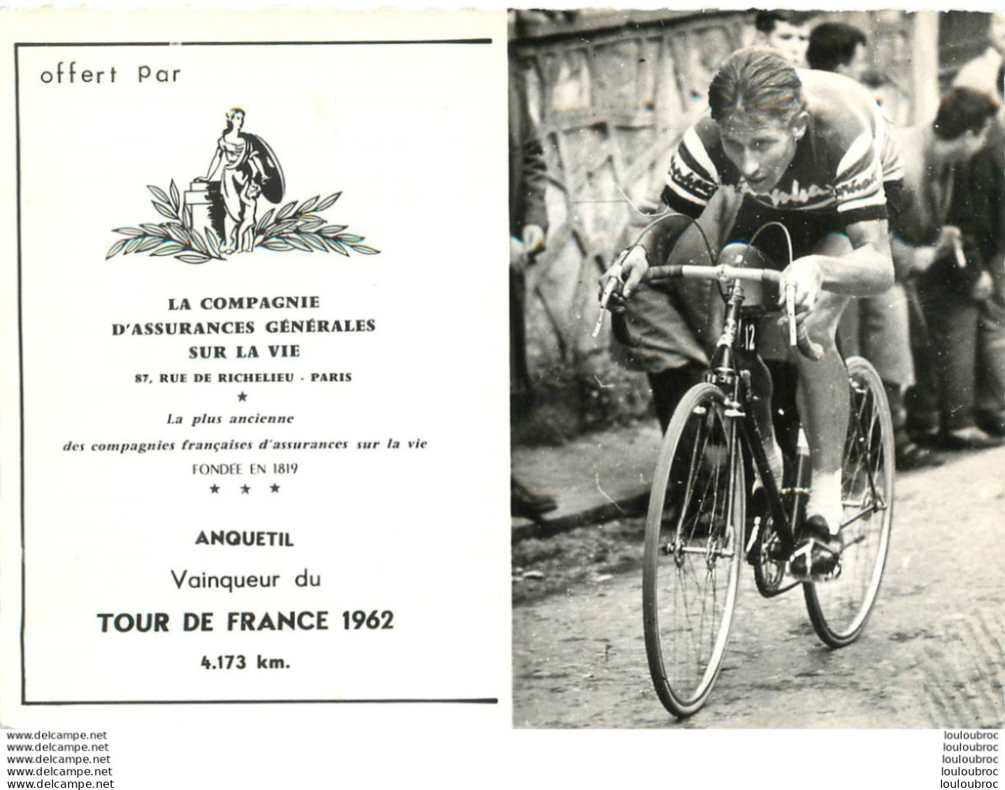 JACQUES ANQUETIL  OFFERT PAR LA COMPAGNIE D'ASSURANCES SUR LA VIE - Cycling