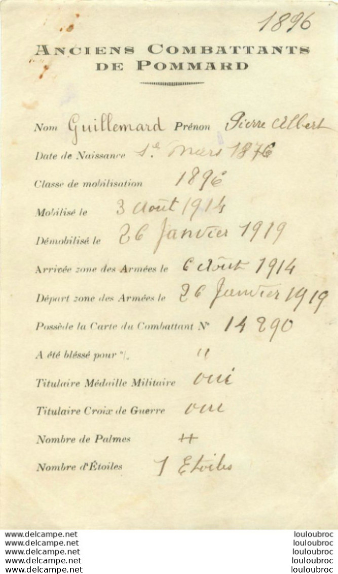 ANCIENS COMBATTANTS DE POMMARD COTE D'OR SOLDAT GUILLEMARD PIERRE ALBERT 1914-1919 - Documents