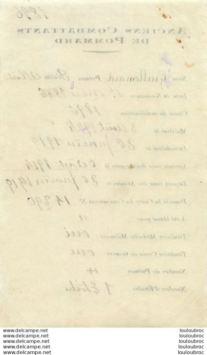 ANCIENS COMBATTANTS DE POMMARD COTE D'OR SOLDAT GUILLEMARD PIERRE ALBERT 1914-1919 - Dokumente
