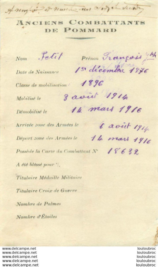 ANCIENS COMBATTANTS DE POMMARD COTE D'OR SOLDAT PETIT FRANCOIS 1914-1916 - Dokumente