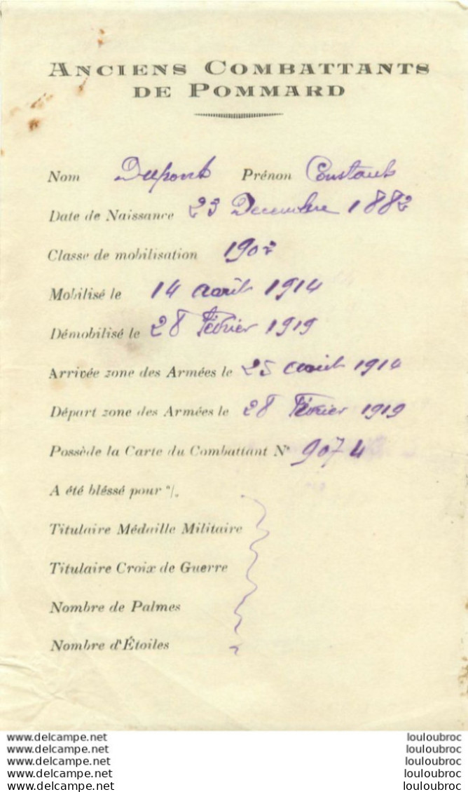 ANCIENS COMBATTANTS DE POMMARD COTE D'OR SOLDAT DUMONT CONSTANT 1914-1919 - Documentos