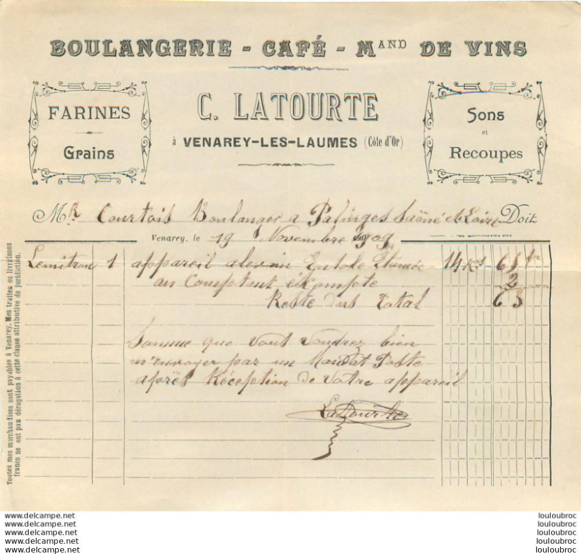 VENAREY LES LAUMES 1909 C.  LATOURTE BOULANGERIE CAFE MARCHAND DE VINS - 1900 – 1949