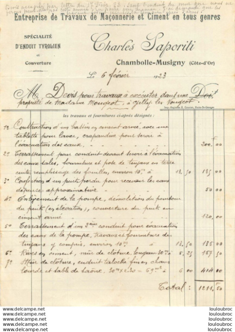 CHAMBOLLE MUSIGNY 1923  CHARLES SAPORITI ENTREPRISE DE TRAVAUX DE MACONNERIE - 1900 – 1949