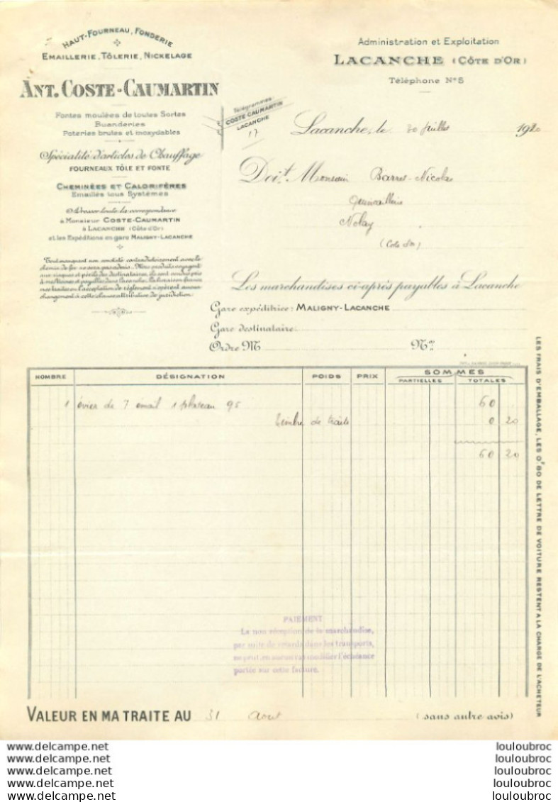 LACANCHE COTE D'OR 1920 ANT.  COSTE CAUMARTIN HAUT FOURNEAU FONDERIE EMAILLERIE Ref1 - 1900 – 1949