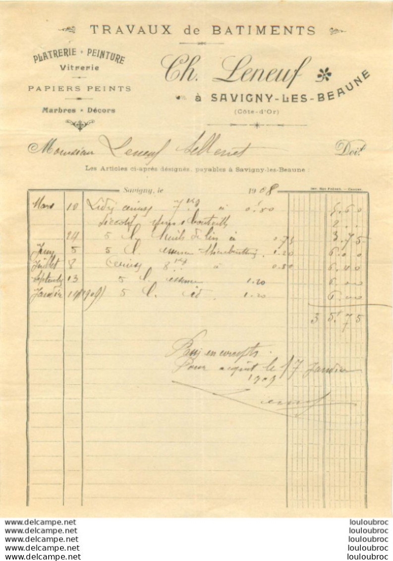 SAVIGNY LES BEAUNE 1908 CH.  LENEUF TRAVAUX DE BATIMENTS - 1900 – 1949