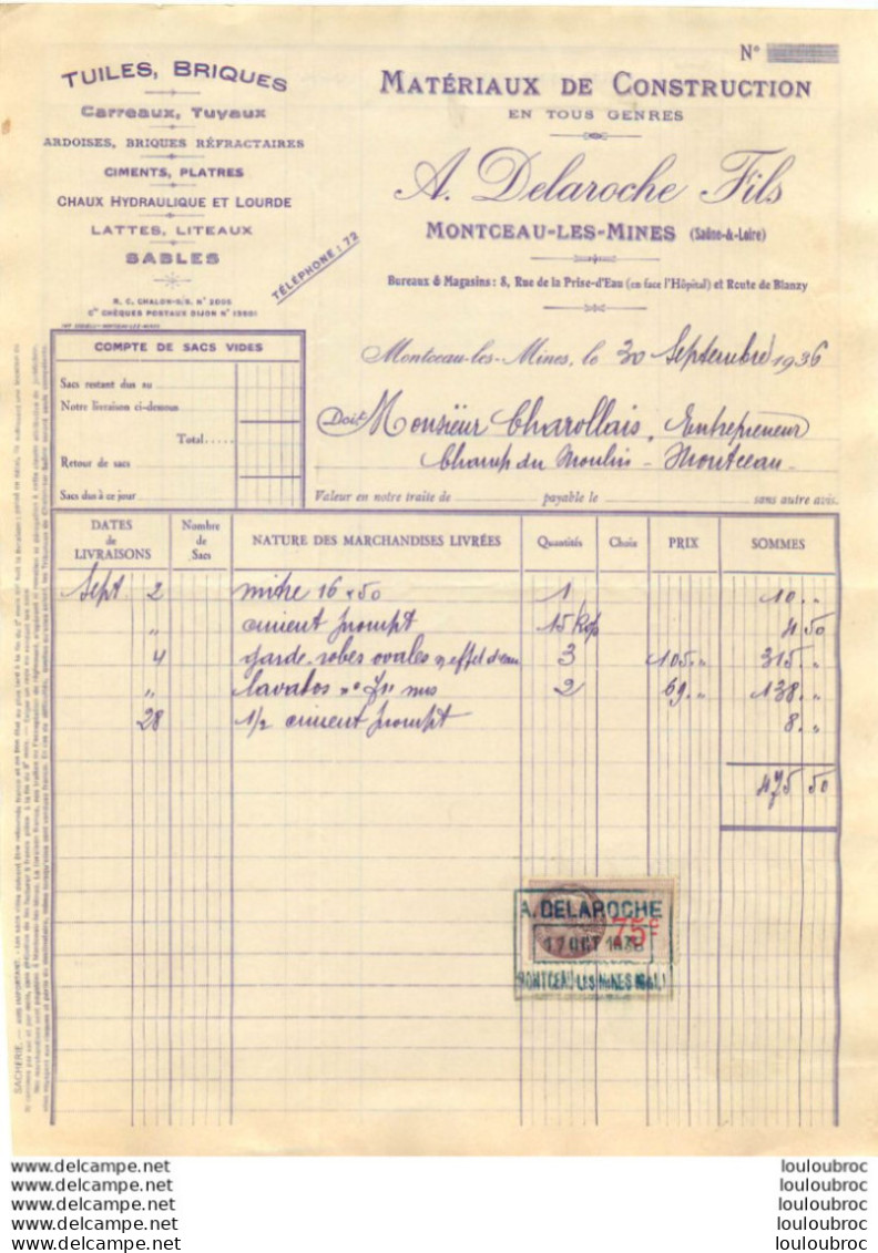 MONTCEAU LES MINES 1936  A.  DELAROCHE MATERIAUX DE CONSTRUCTION - 1900 – 1949
