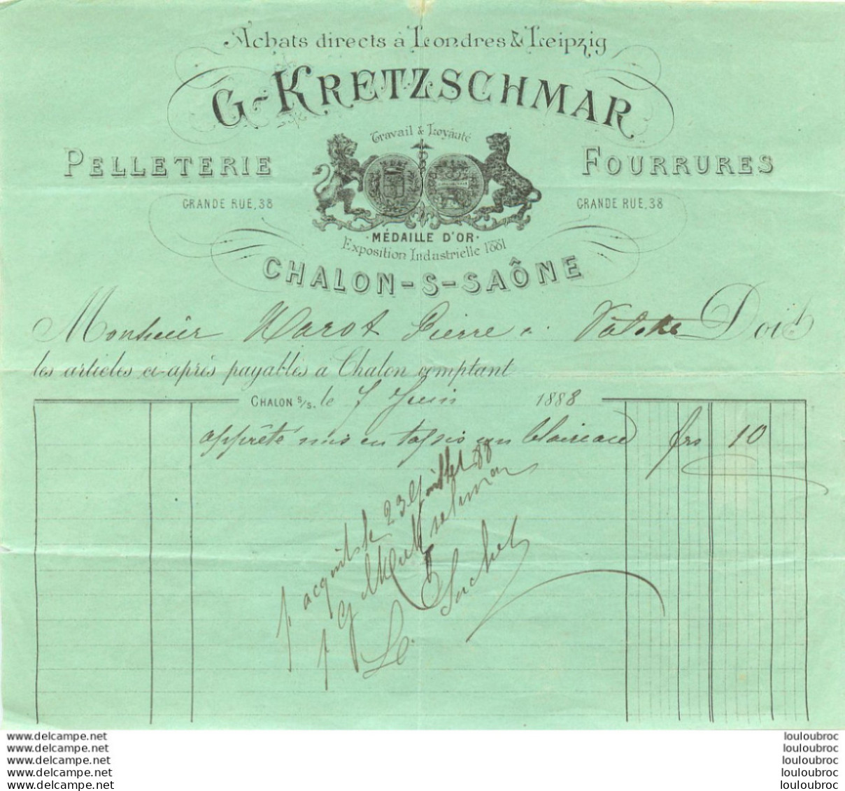 CHALON SUR SAONE 1888 G.  KRETZSCHMAR PELLETERIE FOURRURES - 1800 – 1899