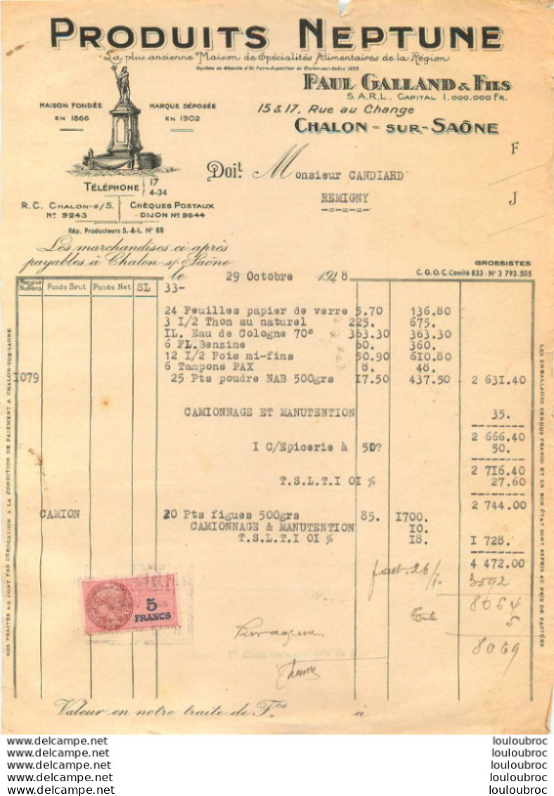 CHALON SUR SAONE  1948 PAUL GALLAND PRODUITS NEPTUNE - 1900 – 1949