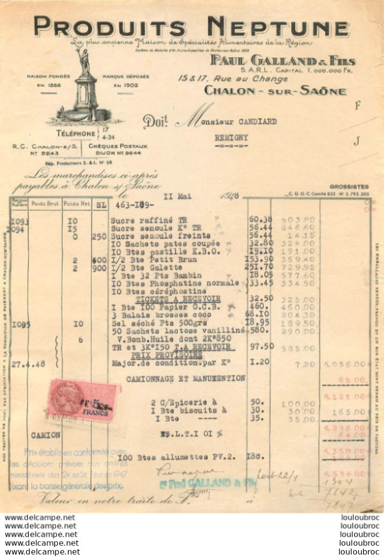 CHALON SUR SAONE  1948 PAUL GALLAND PRODUITS NEPTUNE R1 - 1900 – 1949