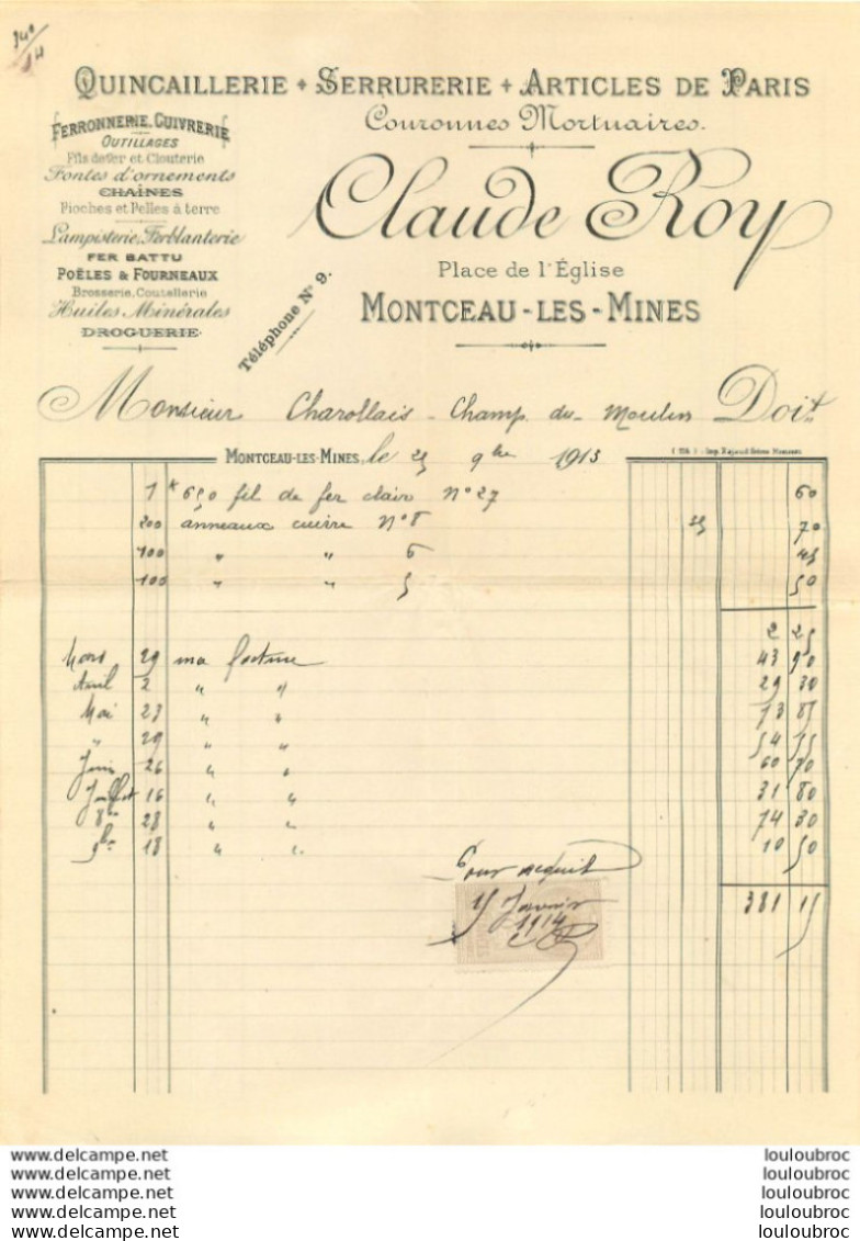 MONTCEAU LES MINES 1913 CLAUDE ROY QUINCAILLERIE SERRURERIE - 1900 – 1949
