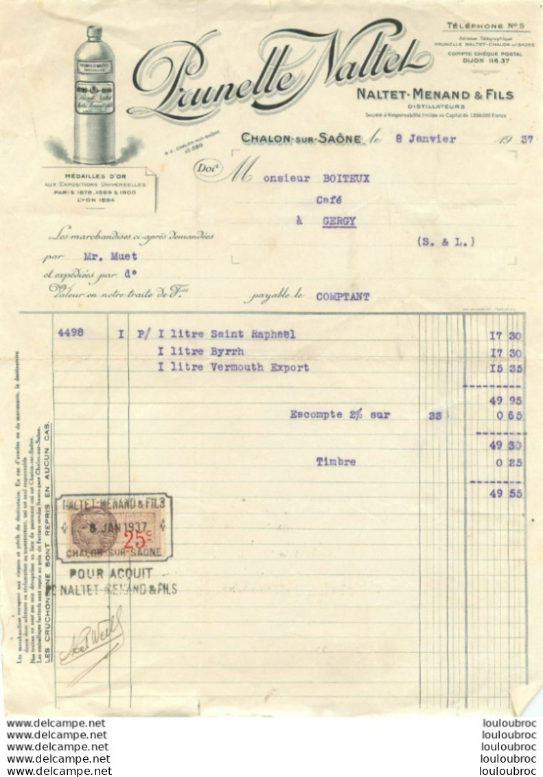 CHALON SUR SAONE 1937 PRUNELLE NALTET MENAND ET FILS - 1900 – 1949
