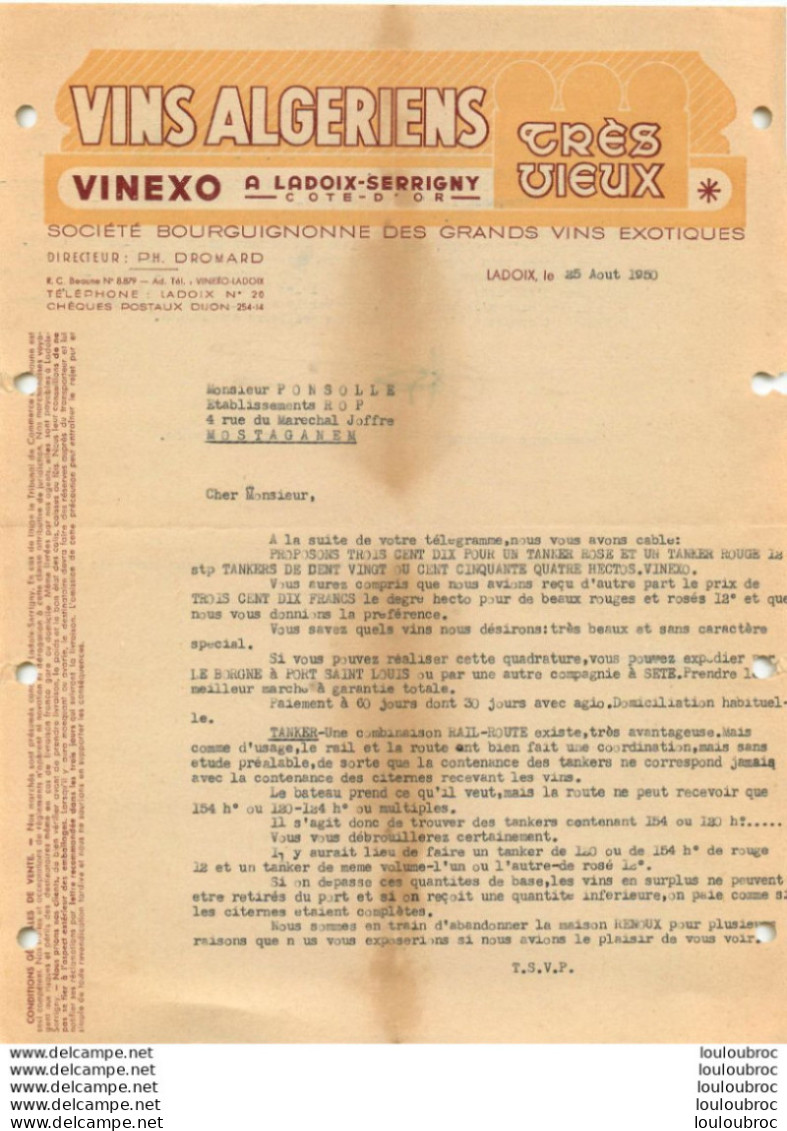 LADOIX 1950 VINS ALGERIENS SOCIETE BOURGUIGNONNE DES GRANDS VINS EXOTIQUES - 1900 – 1949
