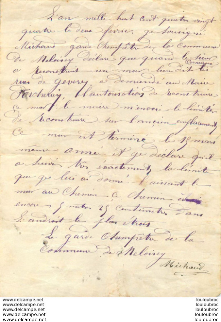 COMMUNE DE MELOISEY COTE D'OR 1884  ECRIT DU GARDE CHAMPETRE MICHAUD - Historical Documents