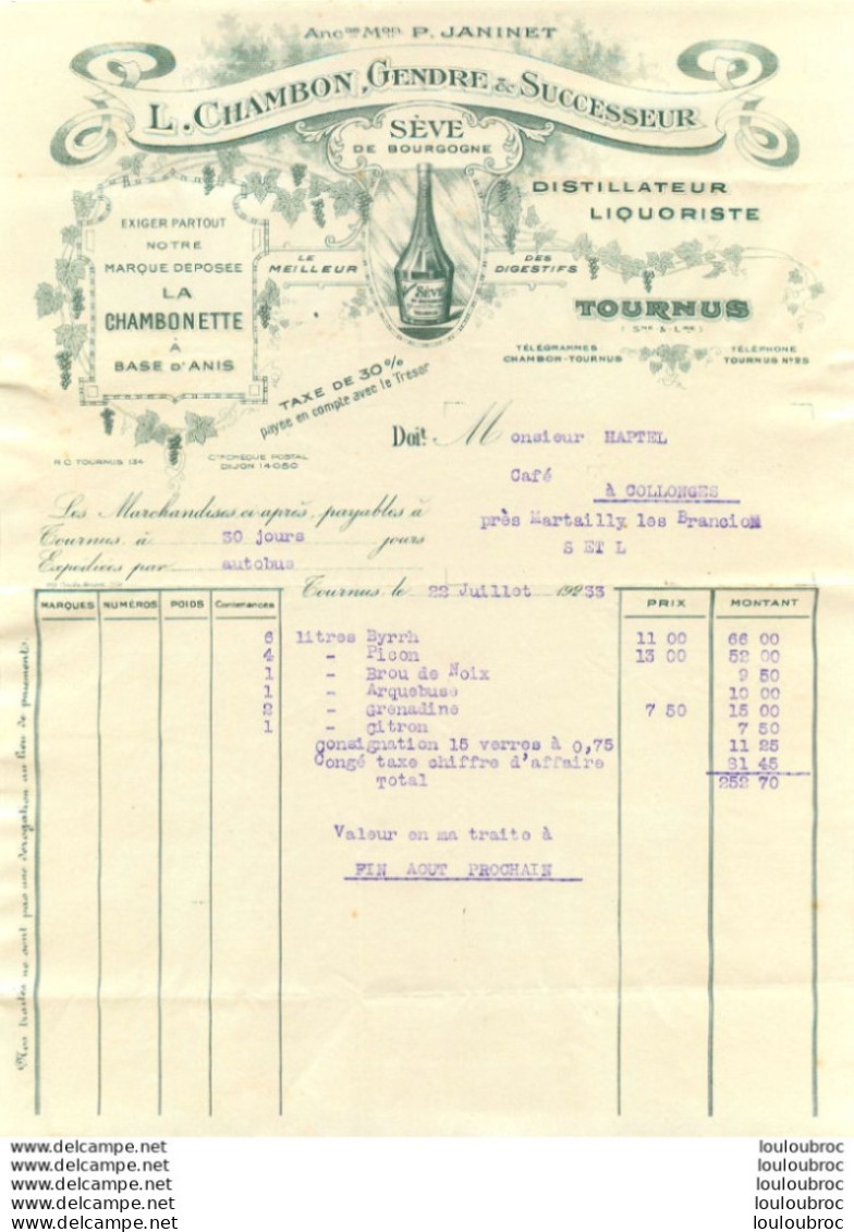 TOURNUS 1933 L.  CHAMBON GENDRE DISTILLATEUR LIQUORISTE - 1900 – 1949