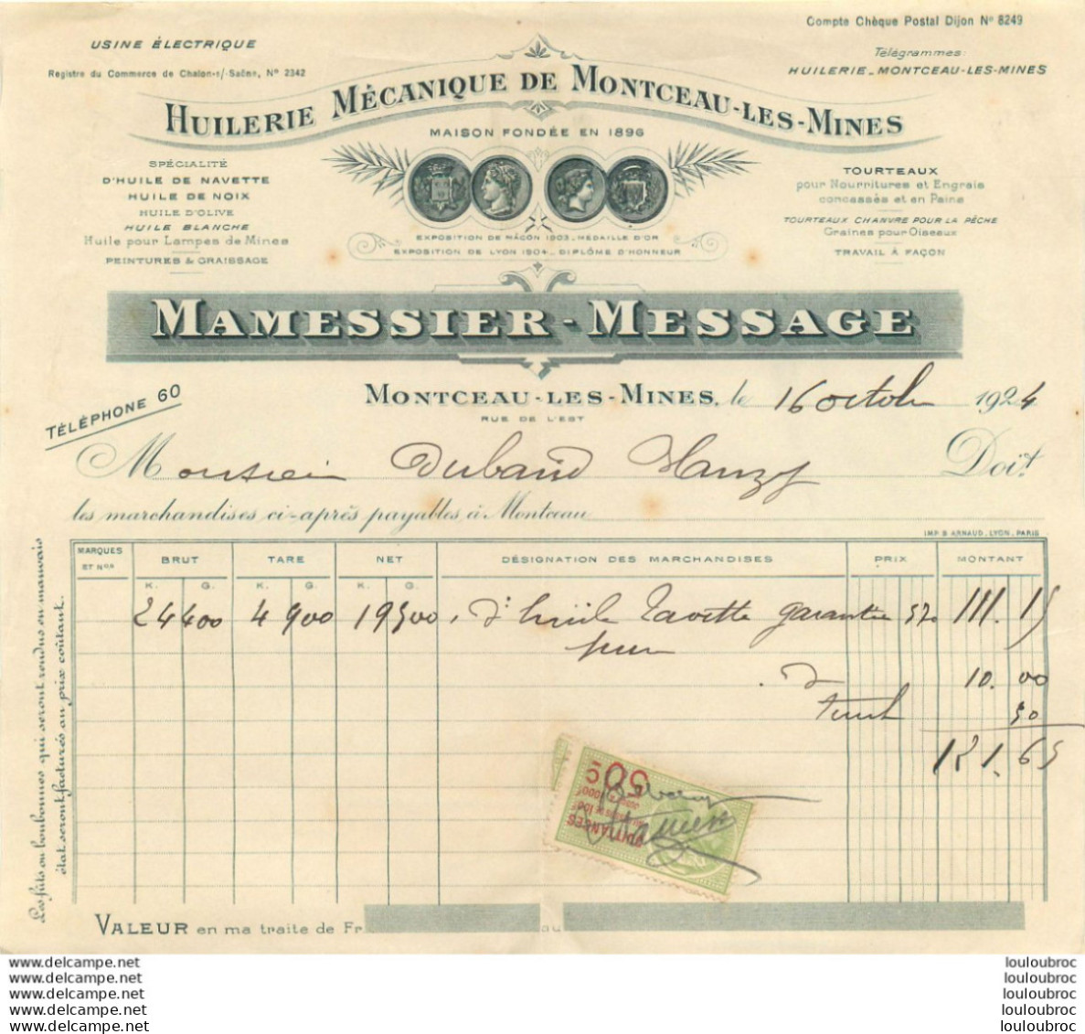 MONTCEAU LES MINES 1924 MAMESSIER MESSAGE HUILERIE MECANIQUE - 1900 – 1949