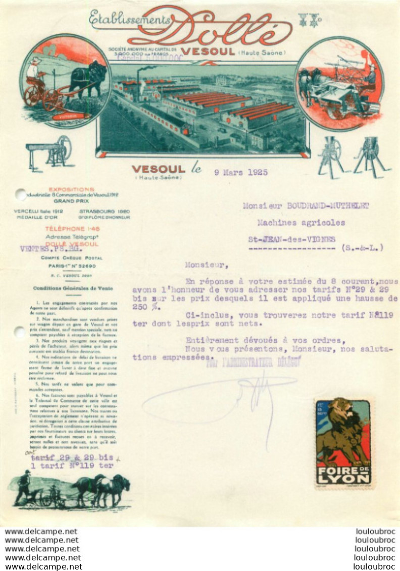 VESOUL 1925 ETS DOLLE AVEC VIGNETTE FOIRE DE LYON - 1900 – 1949