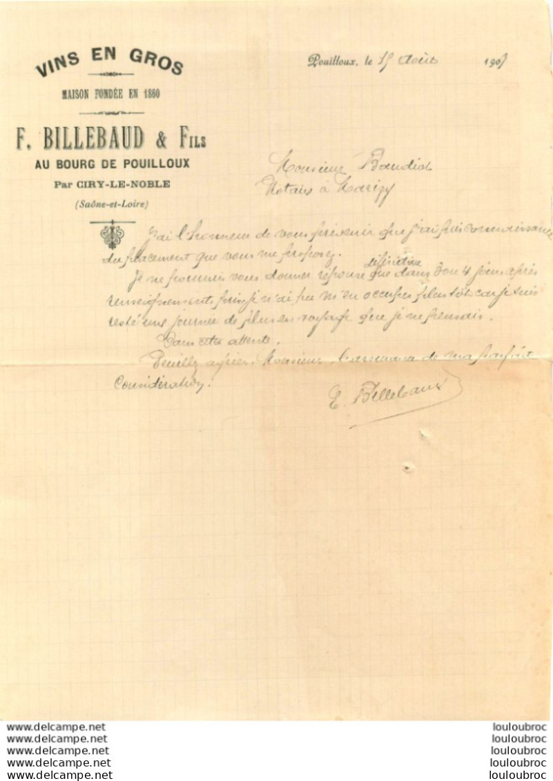 POUILLOUX 1903 F.  BILLEBAUD VINS EN GROS - 1900 – 1949