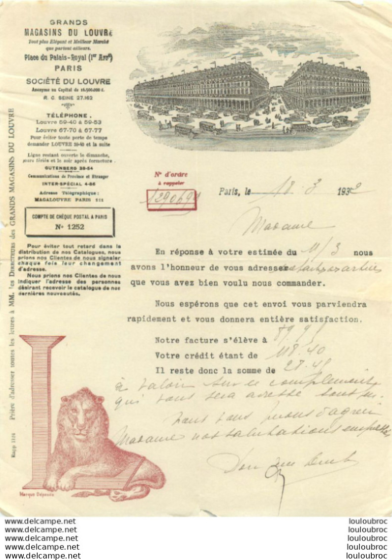 PARIS 1932 GRANDS MAGASINS DU LOUVRE COURRIER ET ENVELOPPE - 1900 – 1949