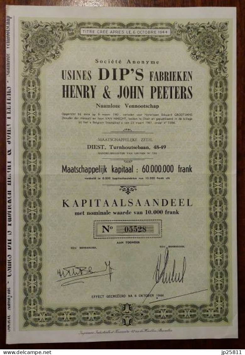 Belgium - Usines DIP'S Fabrieken Henry & John Peeters Aandeel 10.000 Frank 1961 Diest - Otros & Sin Clasificación