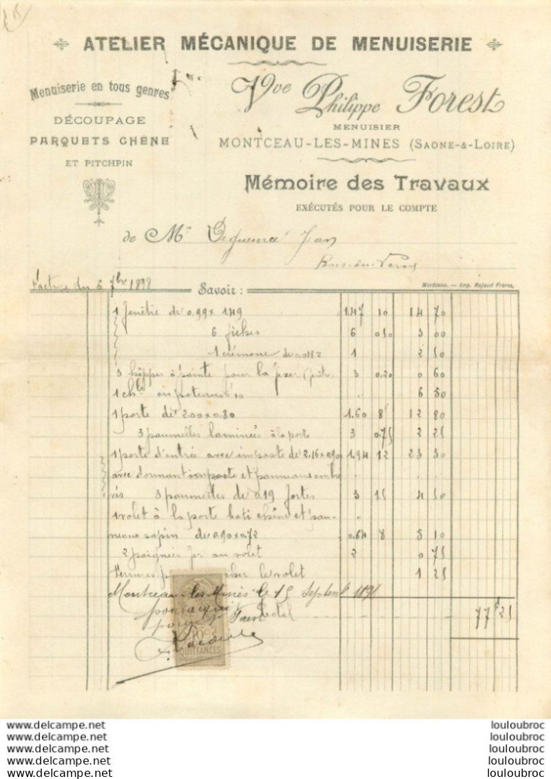 MONTCEAU LES MINES 1898 PHILIPPE FOREST ATELIER MECANIQUE DE MENUISERIE - 1800 – 1899