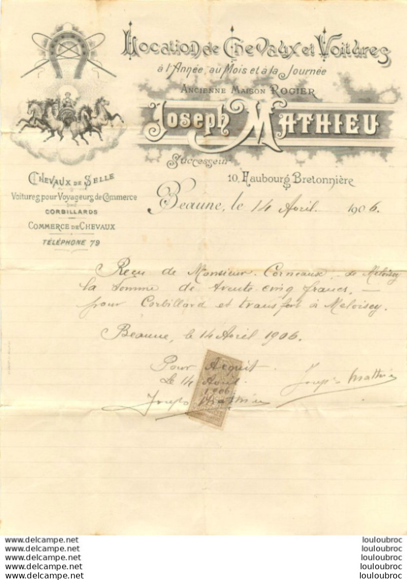 BEAUNE 1906 JOSEPH MATHIEU LOCATION DE CHEVAUX ET VOITURES - 1900 – 1949