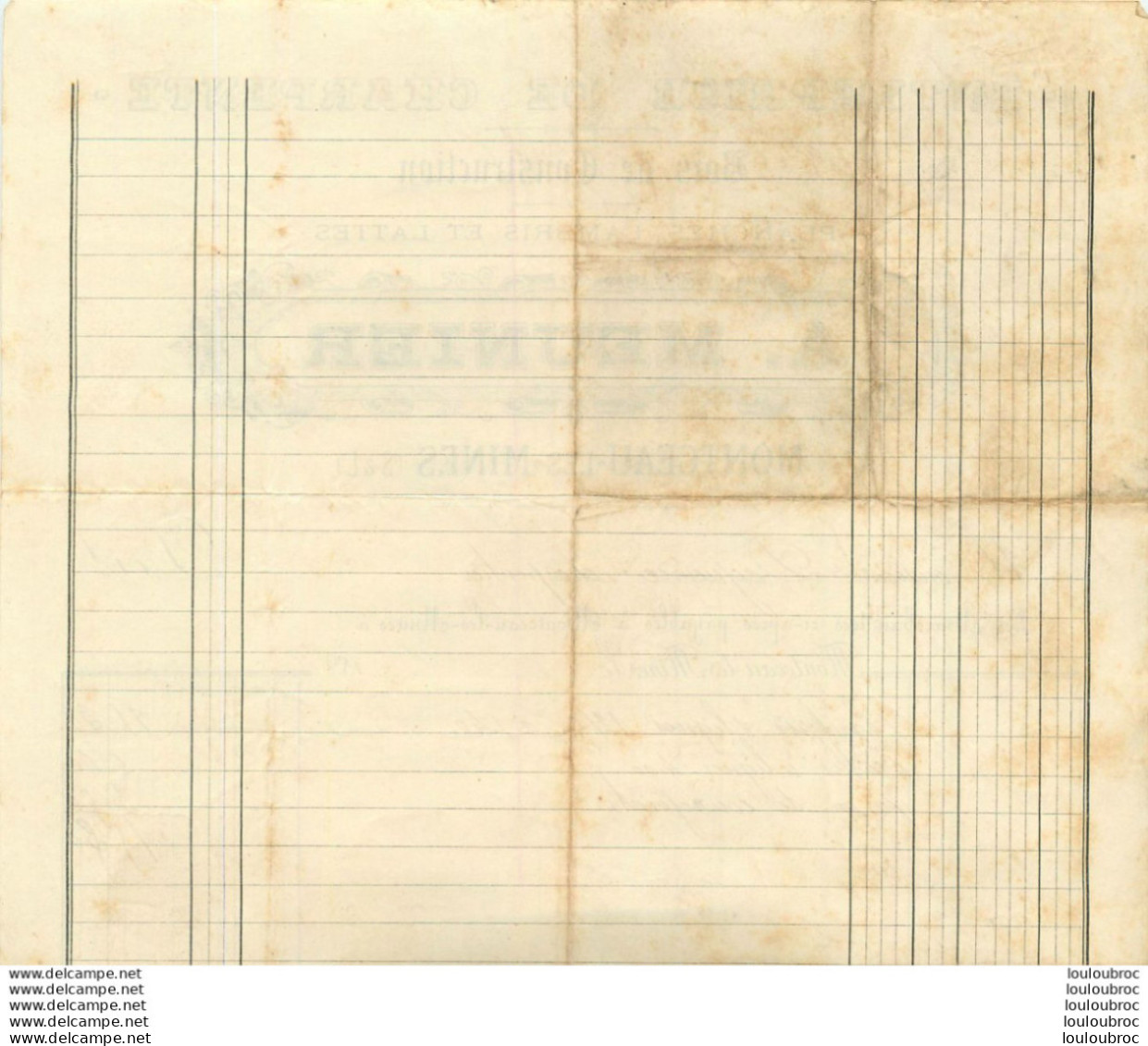 MONTCEAU LES MINES 1890 A.  MEUNIER ENTREPRISE DE CHARPENTE BOIS DE CONSTRUCTION - 1800 – 1899