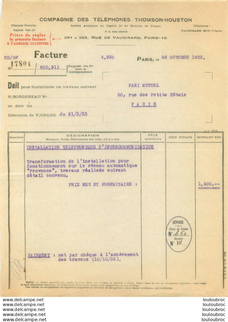 COMPAGNIE DES TELEPHONES THOMSON-HOUSTON 1933 A LA SOCIETE DES PARIS MUTUEL - 1900 – 1949