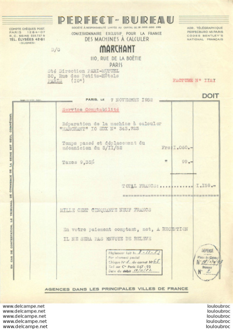 PERFECT BUREAU  MARCHANT 110 RUE DE LA BOETIE PARIS A LA SOCIETE DES PARIS MUTUEL 1952 - 1950 - ...