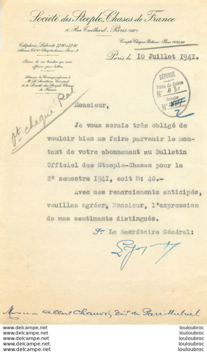 SOCIETE DES STEEPLE CHASES DE FRANCE 1941  AU 10 RUE TREILHARD PARIS - 1900 – 1949