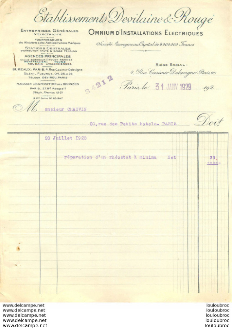 ETABLISSEMENTS DEVILAINE ET ROUGE OMNIUM D'INSTALLATIONS ELECTRIQUES   1929 PARIS 6em - 1900 – 1949